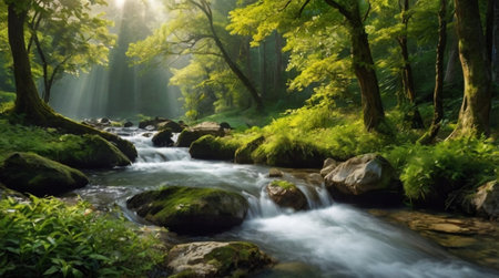 Mountain stream in the summer forest. Beautiful landscape with a waterfall
