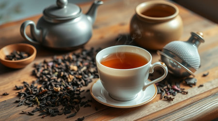 Cup of tea and teapot on wooden table, closeupの写真素材