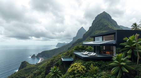 3d rendering of modern cozy house with pool and parking for sale or rent. Luxury house in the sea.の写真素材