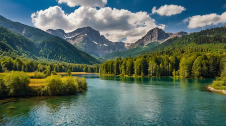 Panoramic view of mountain lake and forest in summer, Dolomites, Italy