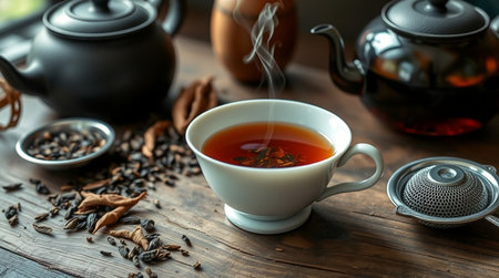 Cup of tea and teapot on wooden table, closeupの写真素材