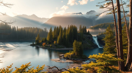 Mountain lake with fog in the morning, Yoho National Park, Canadaの写真素材