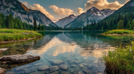 Panoramic view of lake with reflection of mountains in the water.