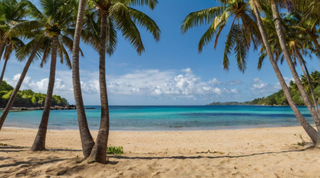 Tropical beach with palm trees at Seychelles.