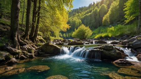Waterfall in the forest in the mountains. Beautiful nature landscape.の写真素材