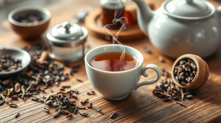 Cup of tea and teapot on wooden table, closeupの写真素材