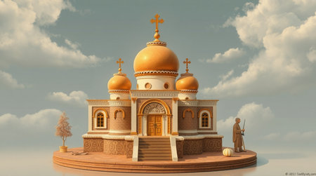 3D illustration of a small orthodox church with golden domes.の写真素材