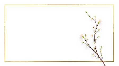 White flowers on a white background with a gold frame. Place for text.の写真素材
