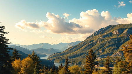 Mountain landscape with lake and forest at sunset. Panoramic view