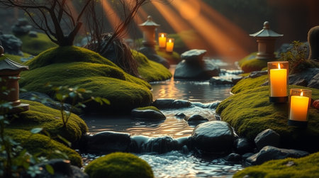 Beautiful Japanese garden with lanterns and moss. Selective focus.の写真素材
