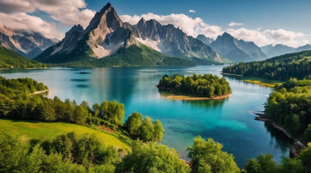 Panoramic view of the alpine lake. Beautiful summer landscape.の写真素材