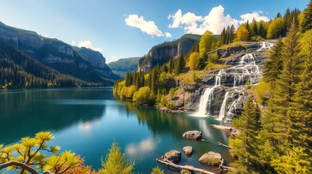 Autumn alpine lake and waterfall in Italy