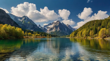 panoramic view of alpine lake with reflection of mountains in water