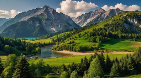 Panoramic view of idyllic alpine landscape with mountains and lakeの写真素材