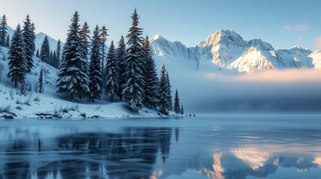 Beautiful winter landscape with snow-capped mountains and lake.の写真素材