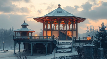 Gazebo in the winter park at sunset, Bukovel, Ukraineの写真素材