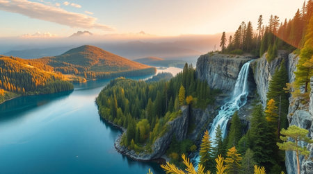 Aerial view of beautiful lake and waterfall at sunset. Nature backgroundの写真素材
