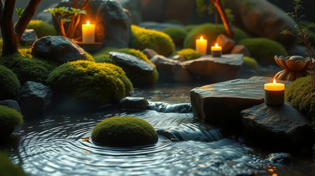Fantasy scene with green moss, stones and candles on the water surface.の写真素材