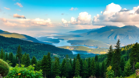 Panoramic view of the mountains and the lake. Carpathians, Ukraineの写真素材