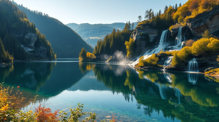 Autumn alpine lake with waterfall and reflection in the water.の写真素材