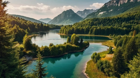 Panoramic view of beautiful mountain lake in the Alps, Austriaの写真素材