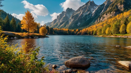 panoramic view of alpine lake in autumn, italyの写真素材