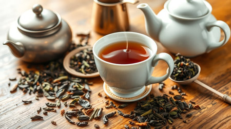 Cup of tea and teapot on wooden table, closeupの写真素材