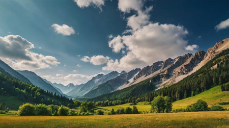 Beautiful summer landscape with green meadow and mountains in the backgroundの写真素材