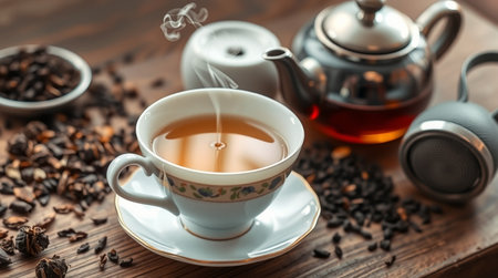 Cup of tea and teapot on wooden table, closeupの写真素材