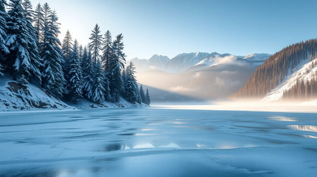 Beautiful winter landscape with frozen lake and mountains in the background.の写真素材