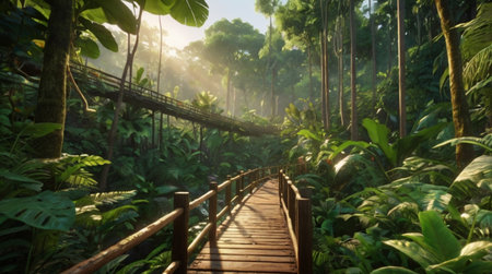 Wooden walkway in the jungle with sunbeams and lens flareの写真素材