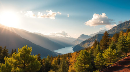 Mountain landscape with lake and forest at sunset. Panoramic viewの写真素材