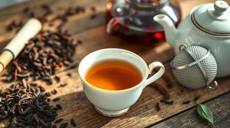 Cup of tea and teapot on wooden table, closeupの写真素材