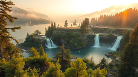 Waterfall in the mountains at sunset. Beautiful nature landscape of Norway.の写真素材