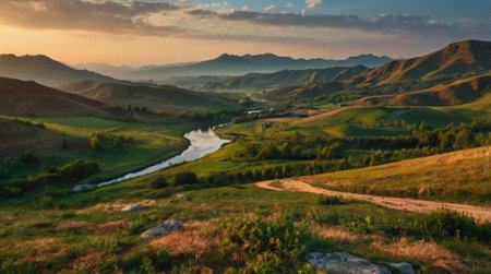 Panoramic view of the valley and the mountain river at sunsetの写真素材