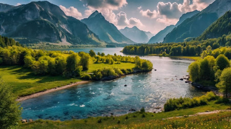 Panoramic view of the mountain river and forest. Beautiful summer landscape.