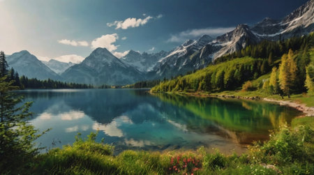 Panoramic view of the lake in the Dolomites, Italyの写真素材