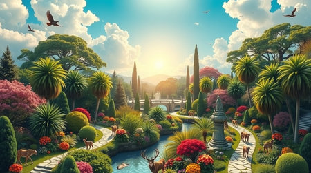 3d render of beautiful garden in the sunset time. Nature background.の写真素材