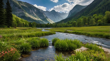 Panoramic view of the mountain river in the Caucasus mountains.の写真素材
