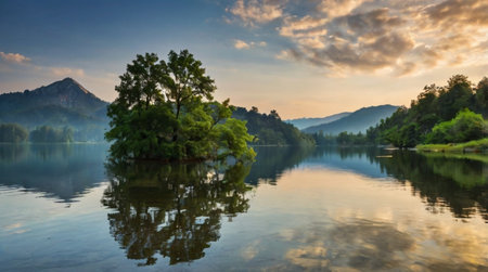 Landscape of mountain and lake with reflection in water at sunrise.の写真素材