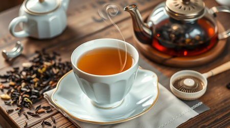 Cup of tea with teapot on wooden table, closeupの写真素材