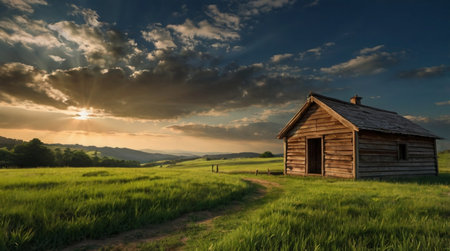 Wooden hut in the field at sunset. Beautiful landscape with wooden hut.の写真素材