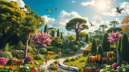 3d rendering of a fantasy world with horses, birds and flowersの写真素材