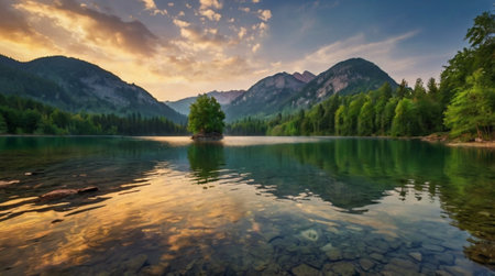 Panoramic view of Alpsee lake in Bavaria, Germanyの写真素材