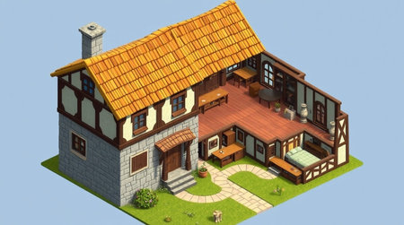 3d isometric house with a garden and a swimming pool.の写真素材