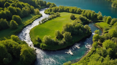 Aerial view of a beautiful green landscape with a river flowing through it