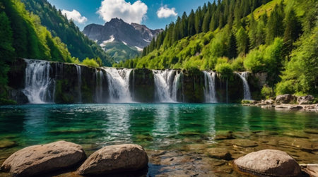 Beautiful waterfall in the mountains. Summer landscape in the mountains.の写真素材