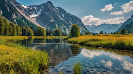 Panoramic view of a mountain lake in the Swiss Alps.の写真素材