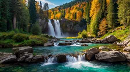Panoramic view of the waterfall in the mountains. Beautiful autumn landscape.の写真素材
