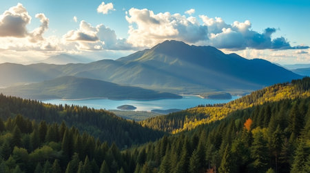 Panoramic view of the mountain lake in the Carpathiansの写真素材